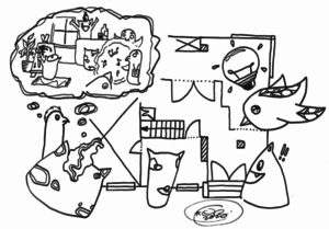 Zeichnung: Monster und Vogerln vor einem aufgehängten Plan eines Raums, dazu eine Denkblase, in der gezeihnet ist, wie sich ein Monster den fertigen Raum vorstellt.