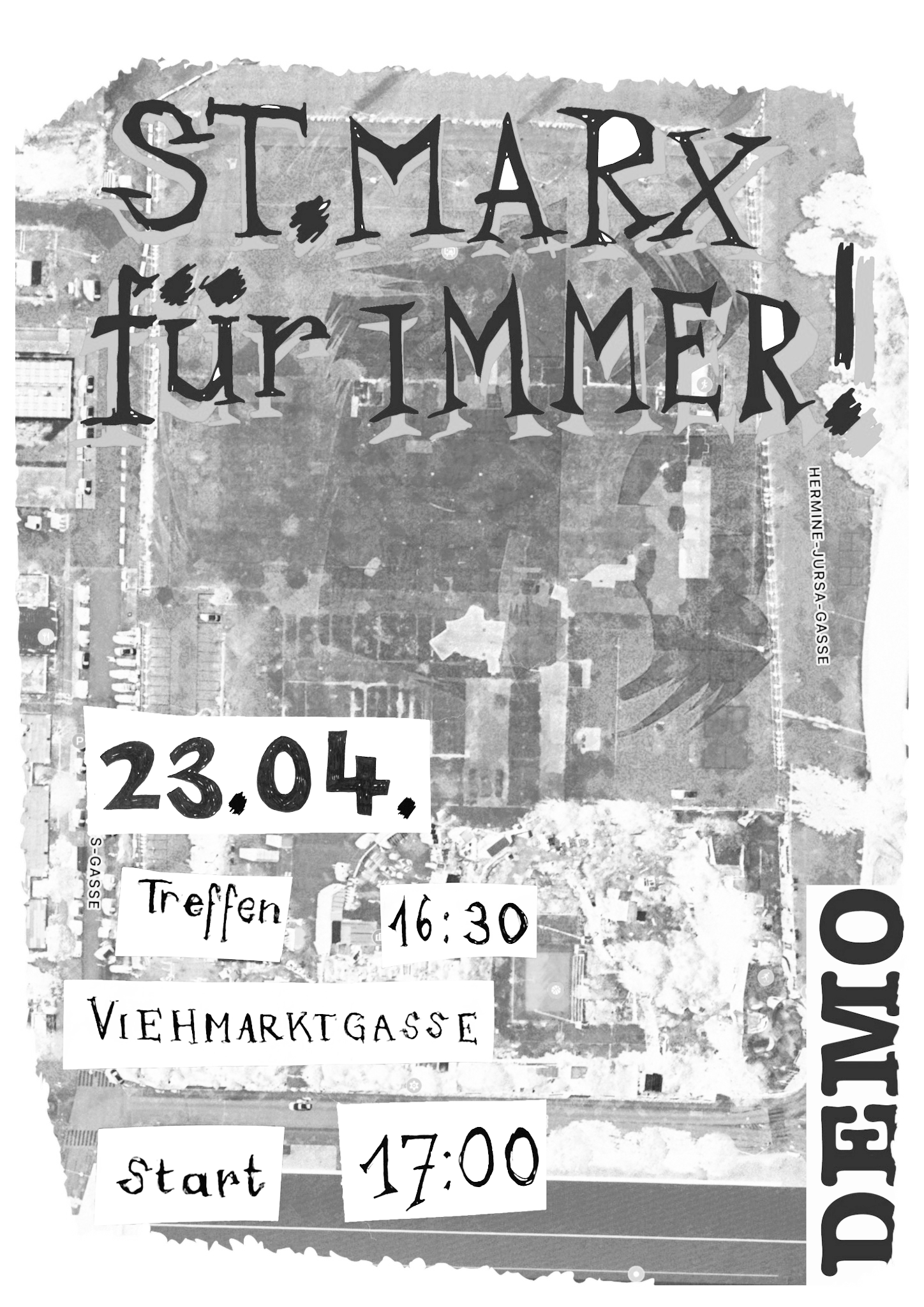 Demoaufruf mit Zeit- und Ortsangaben (siehe Text) vor einem Hintergrundbild, auf dem ich nichts erkenne.