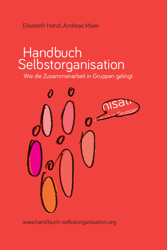 Cover des Handbuchs Selbstorganisation mit Buchtiitel und einer schemenhaften Zeichnung von Menschen