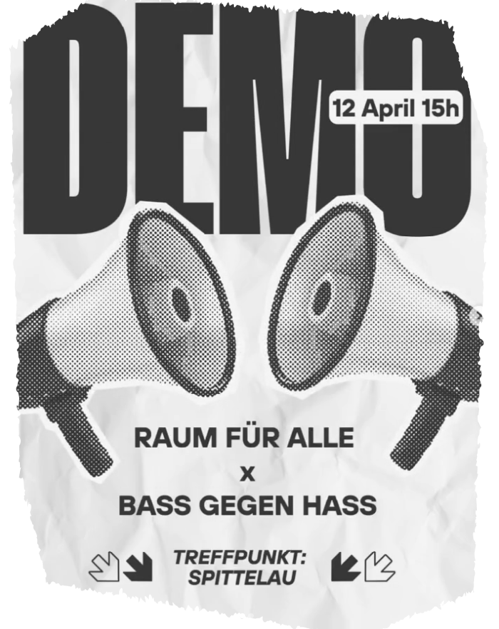 Foto oder Zeichnung zweier einander zugeandter Megaphone, drüber groß der Text "DEMO" und klein (nicht mehr gut lesbar) nähere ANgaben zur Demo (siehe Meldungstext)