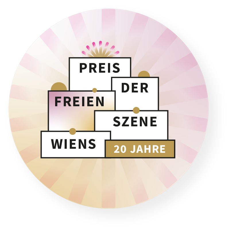 Kasteln, die so angeordnet sind, dass sie wie Torten aussehen. In den Kasteln steht jeweils ein Wort des Textes "Preis der freien Szene Wiens" und in einem Kastel steht: "20 Jahre"