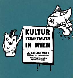 Ausschnitt aus Cover unserer Veranstaltungsbroschüre: Ein Monster und ein Vogerl halten Plakat mit Aufschrift "Kultur veranstalten in Wien"